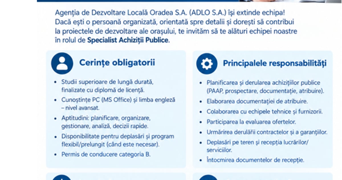 ADLO S.A. recrutează specialist în achiziții publice pentru iluminat public