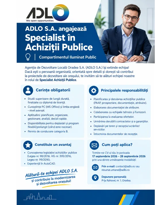 ADLO S.A. recrutează specialist în achiziții publice pentru iluminat public